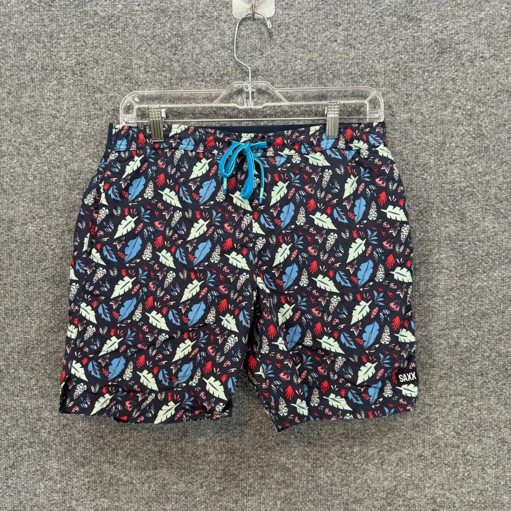 Saxx Cannonball 2N1 Swim Shorts Mens Small Blue Tropical Leaf Print Board Trunks
